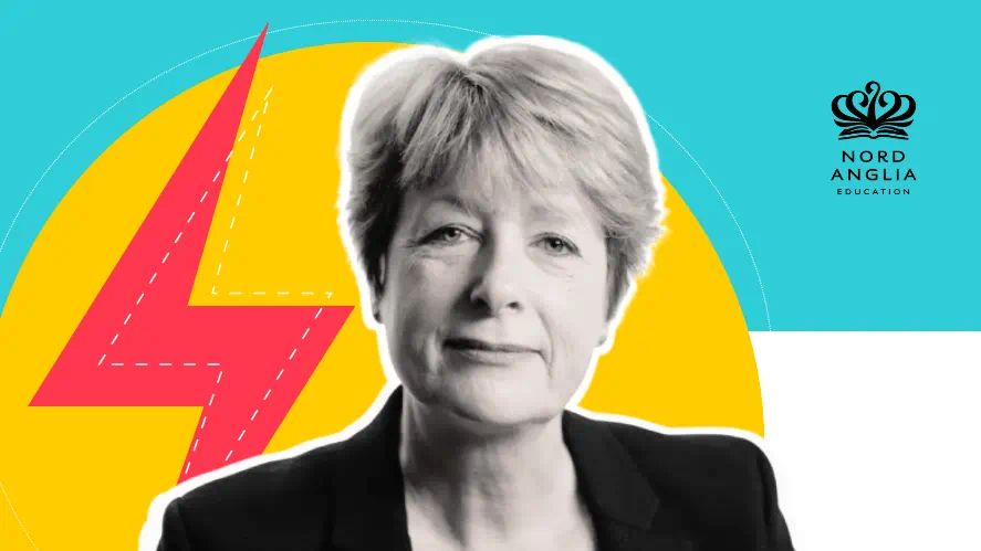 Rose Luckin, a professional figure shown in front of a colorful graphic background with geometric shapes and the Nord Anglia Education logo. A professional figure shown in front of a colorful graphic background with geometric shapes and the Nord Anglia Education logo.